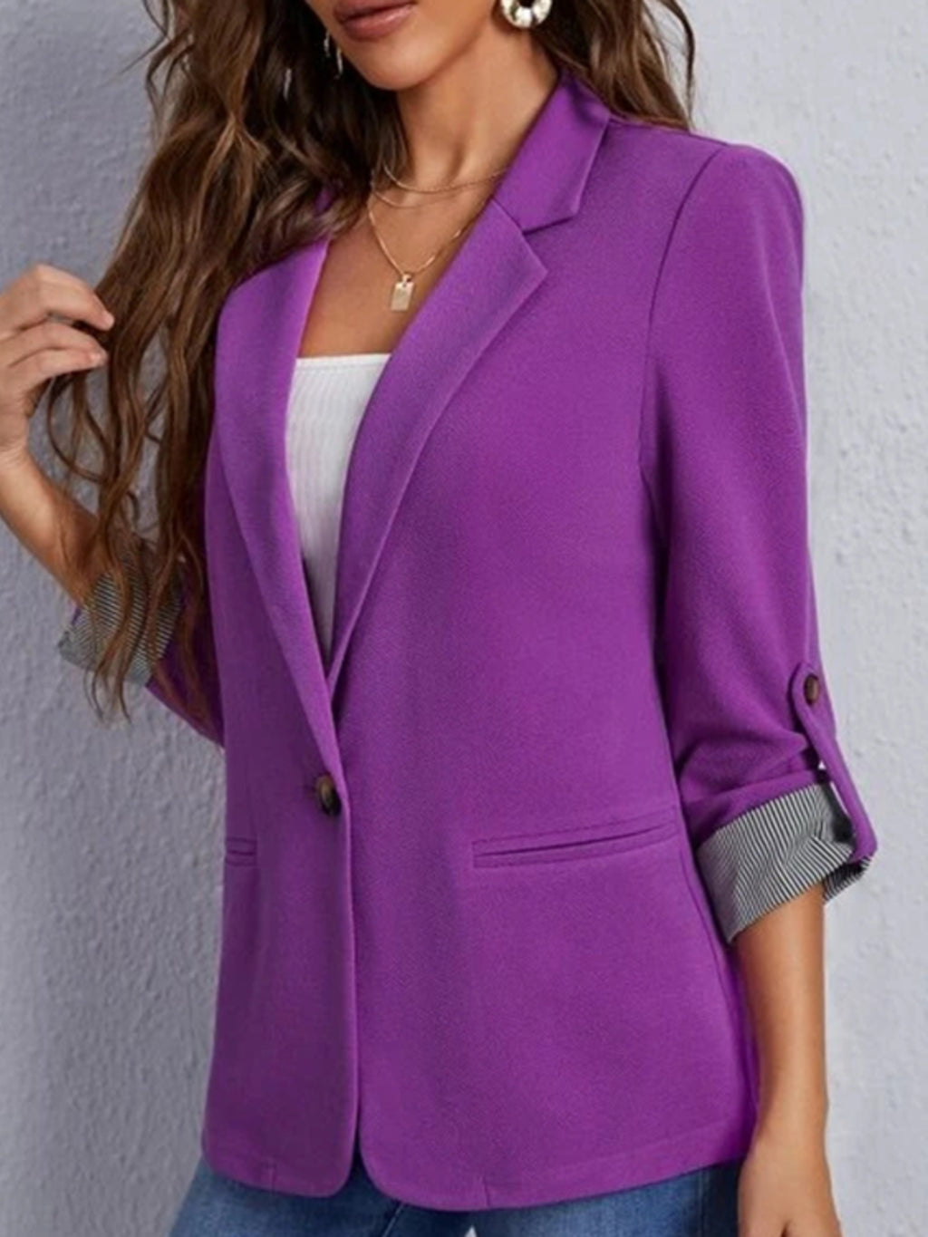 Lapel Collar Roll-Tab Sleeve Blazer - Maria de Fatima Andrade