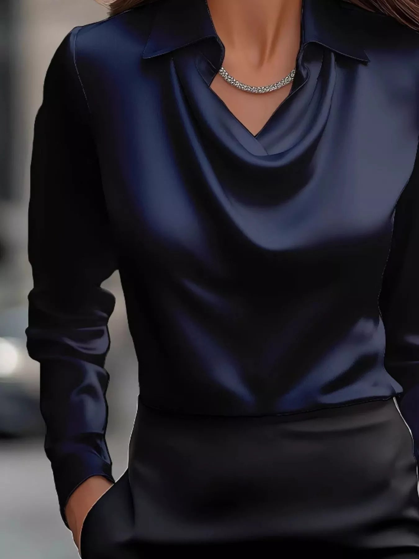 Full Size Satin Cowl Neck Long Sleeve Blouse Plus Size - Maria de Fatima Andrade