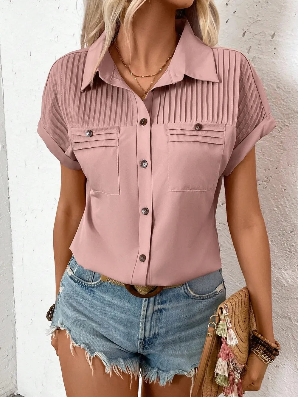 Pleated Detail Collared Neck Short Sleeve Shirt - Maria de Fatima Andrade