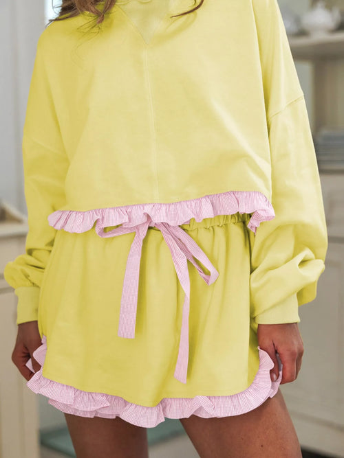 Contrast Frill Hem Round Neck Top and Shorts Set - Maria de Fatima Andrade