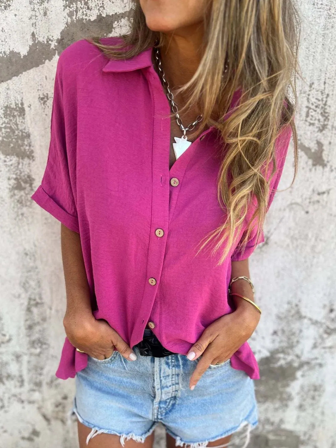 Full Size Collared Neck Half Sleeve Shirt Plus Size - Maria de Fatima Andrade