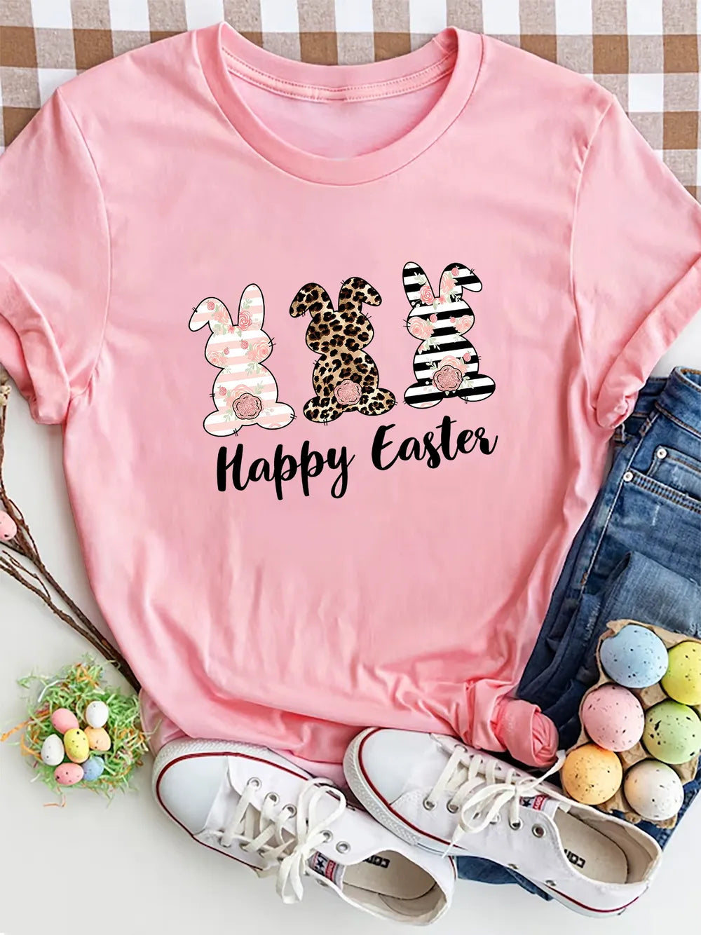 Happy Easter Round Neck Short Sleeve T-Shirt - Maria de Fatima Andrade