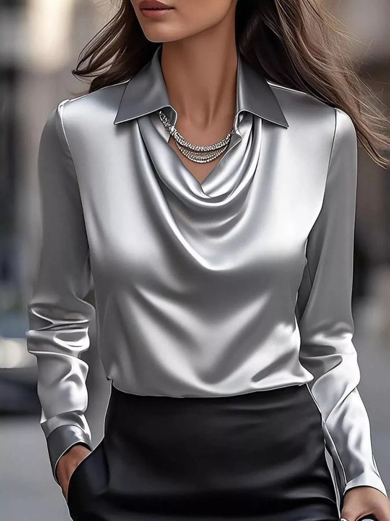 Full Size Satin Cowl Neck Long Sleeve Blouse Plus Size - Maria de Fatima Andrade