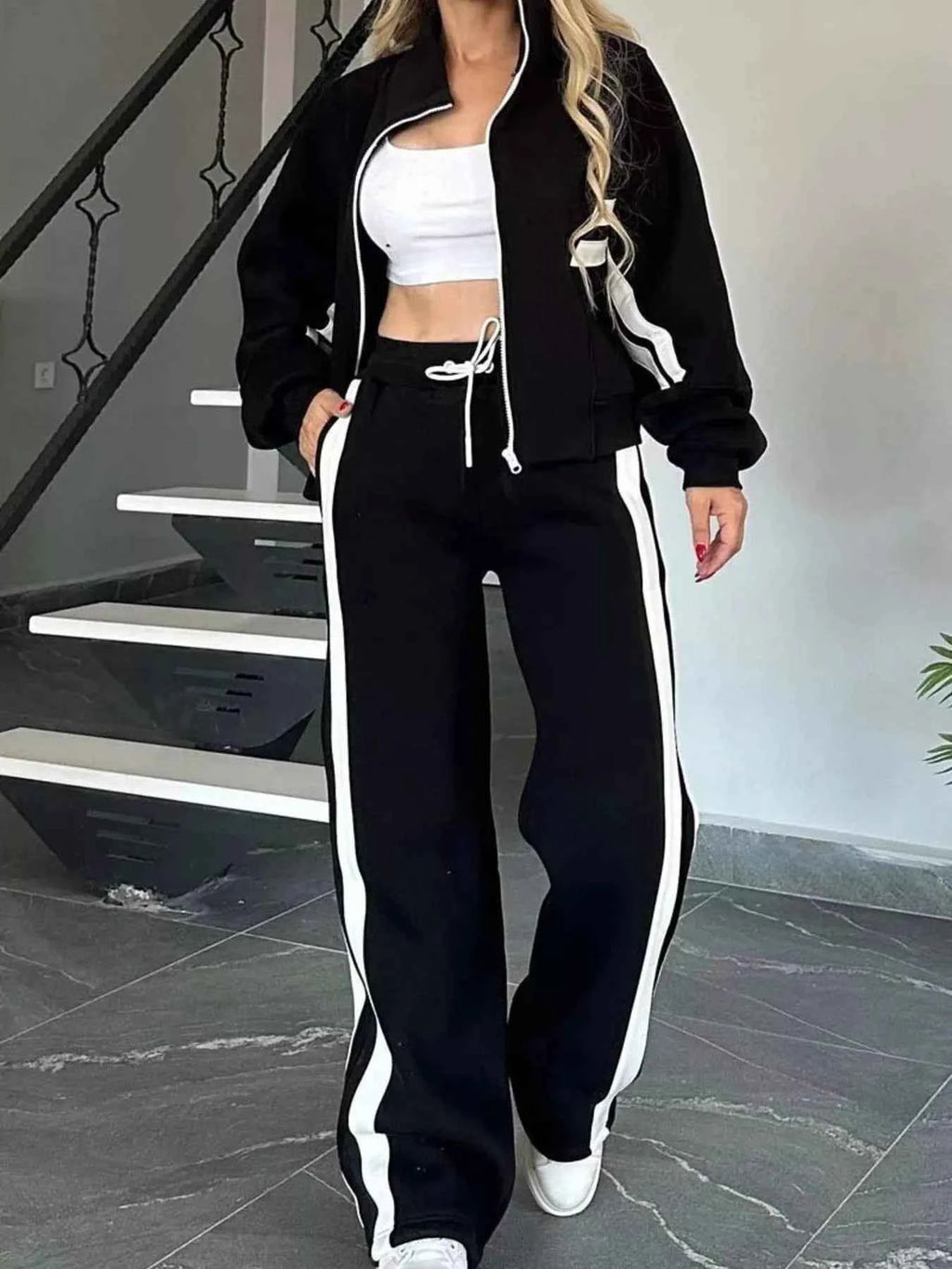 Contrast Stripe Zip-Up Jacket and Pants Set