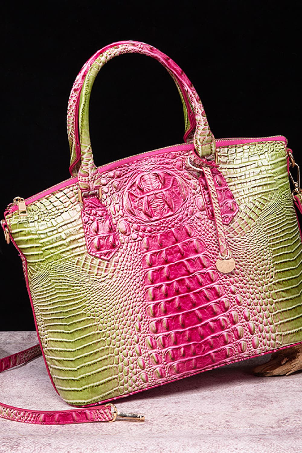 Croc-embossed PU leather handbag with dual top handles, pink and green gradient.
