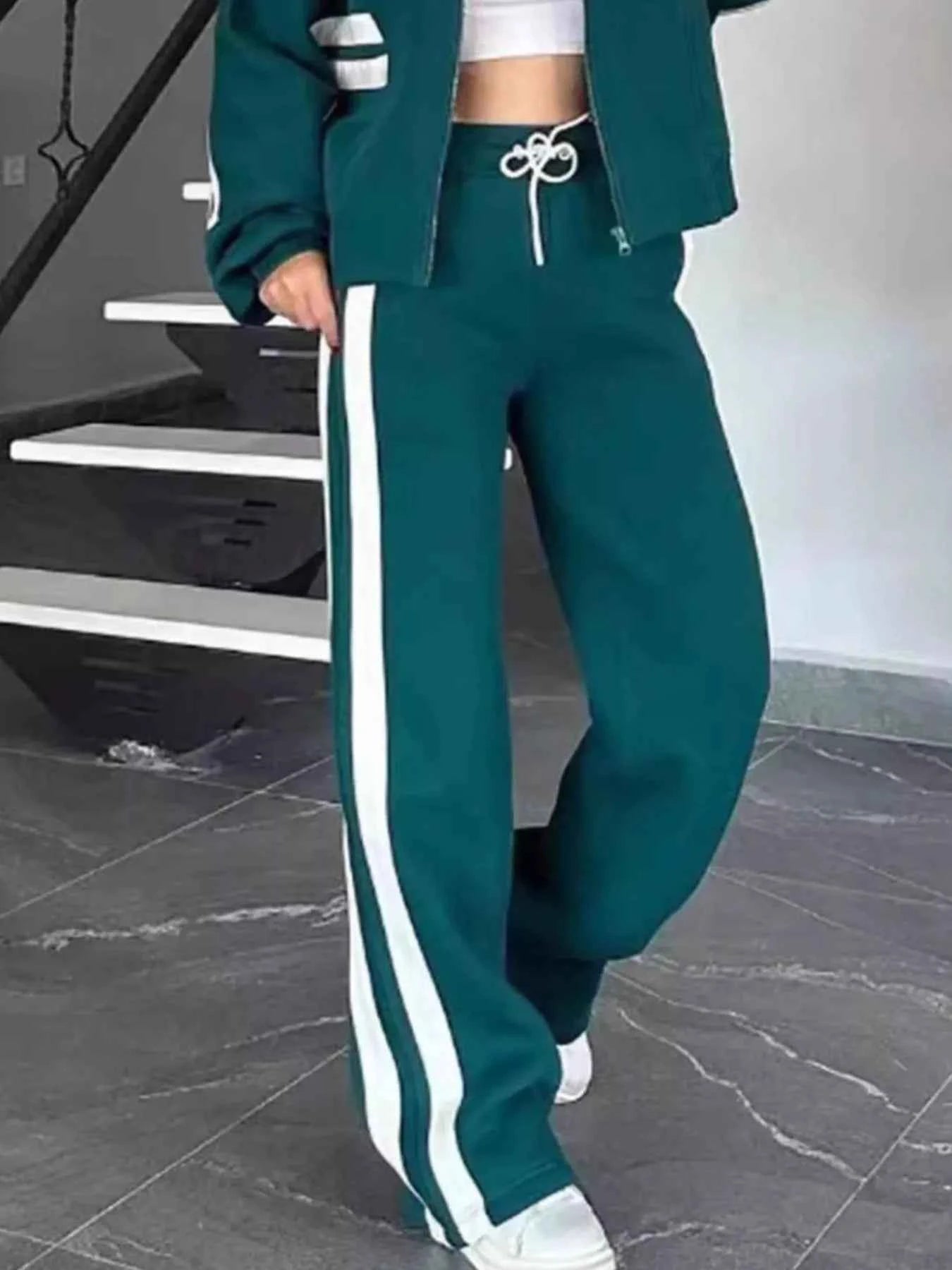 Contrast Stripe Zip-Up Jacket and Pants Set