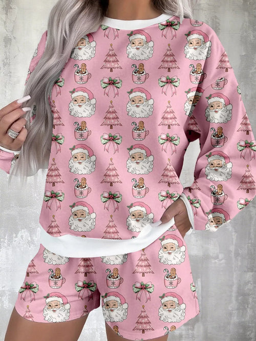 Christmas Santa Print Round Neck Top and Shorts Lounge Set - Maria de Fatima Andrade