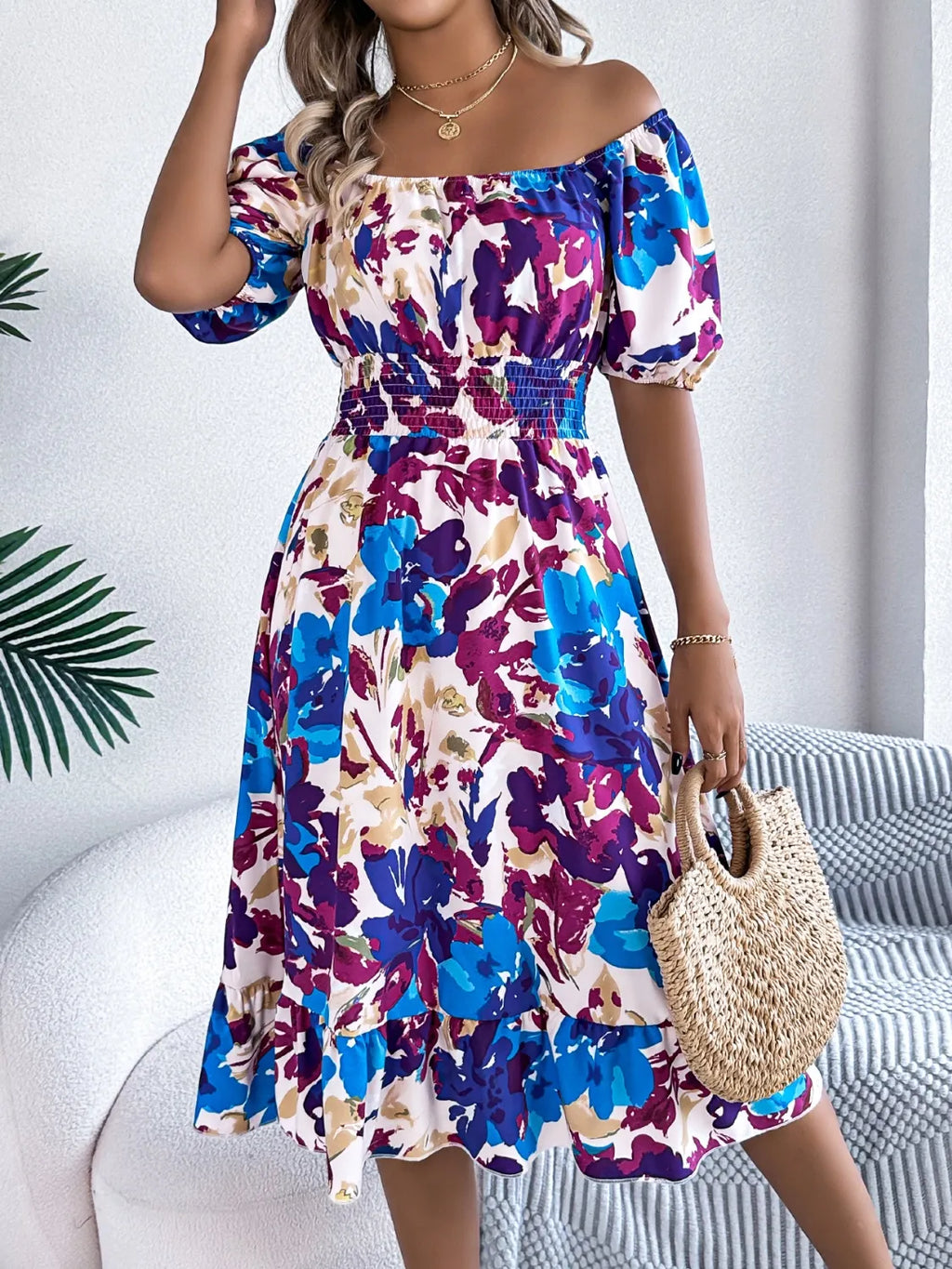 Ruffled Hem Smocked Floral Short Sleeve Midi Dress - Maria de Fatima Andrade