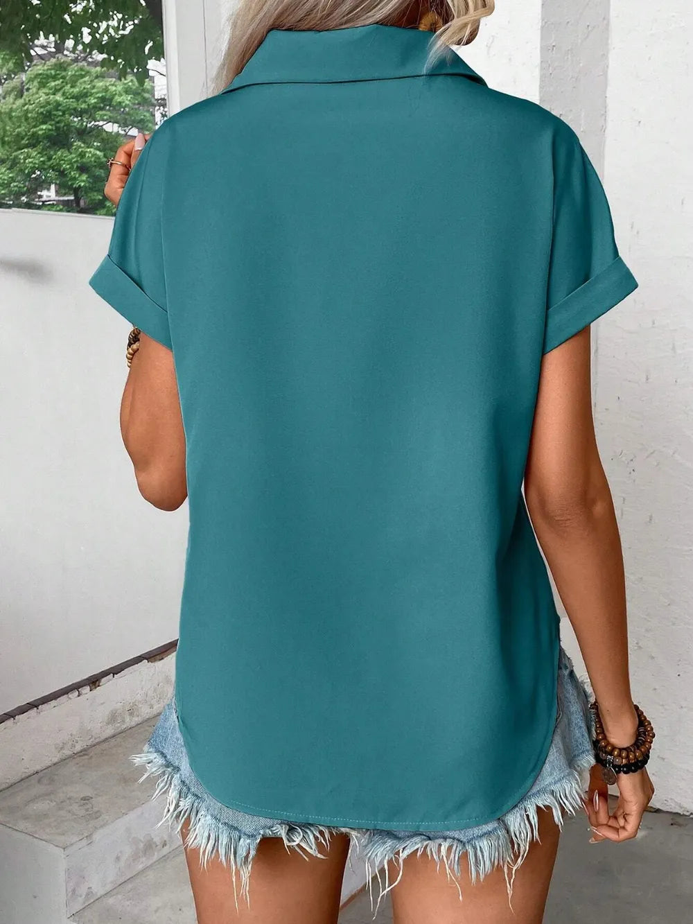 Pleated Detail Collared Neck Short Sleeve Shirt - Maria de Fatima Andrade