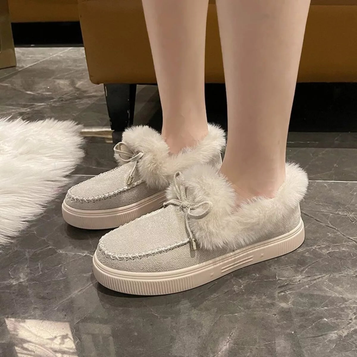 Fuzzy Round Toe Slip-Ons - Maria de Fatima Andrade