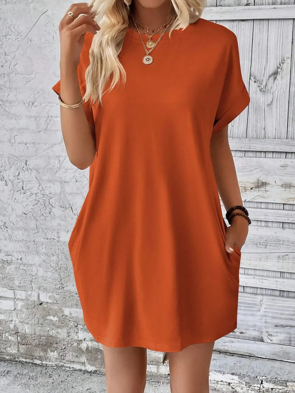 Round Neck Short Sleeve Mini Dress - Maria de Fatima Andrade