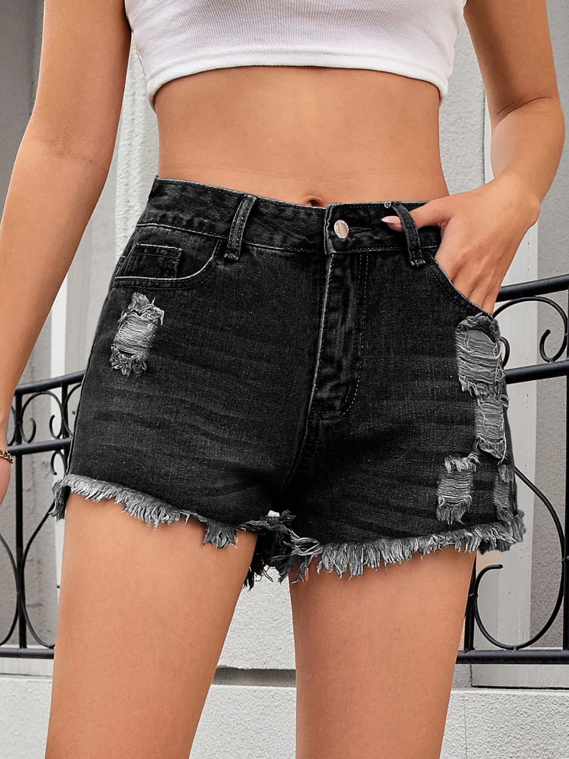 Distressed Raw Hem Denim Shorts - Maria de Fatima Andrade