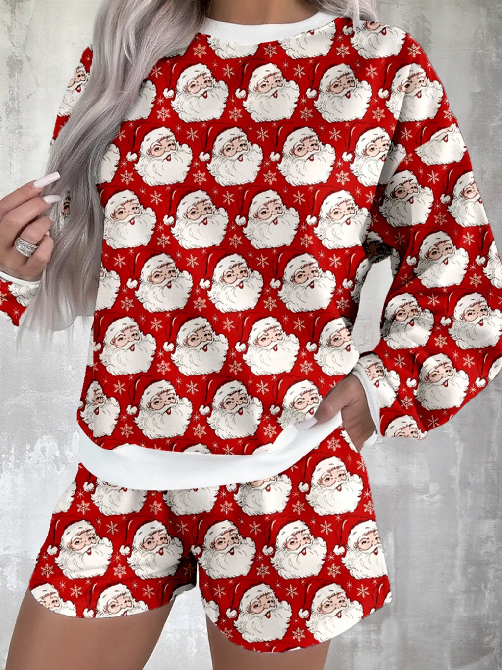 Christmas Santa Print Round Neck Top and Shorts Lounge Set - Maria de Fatima Andrade
