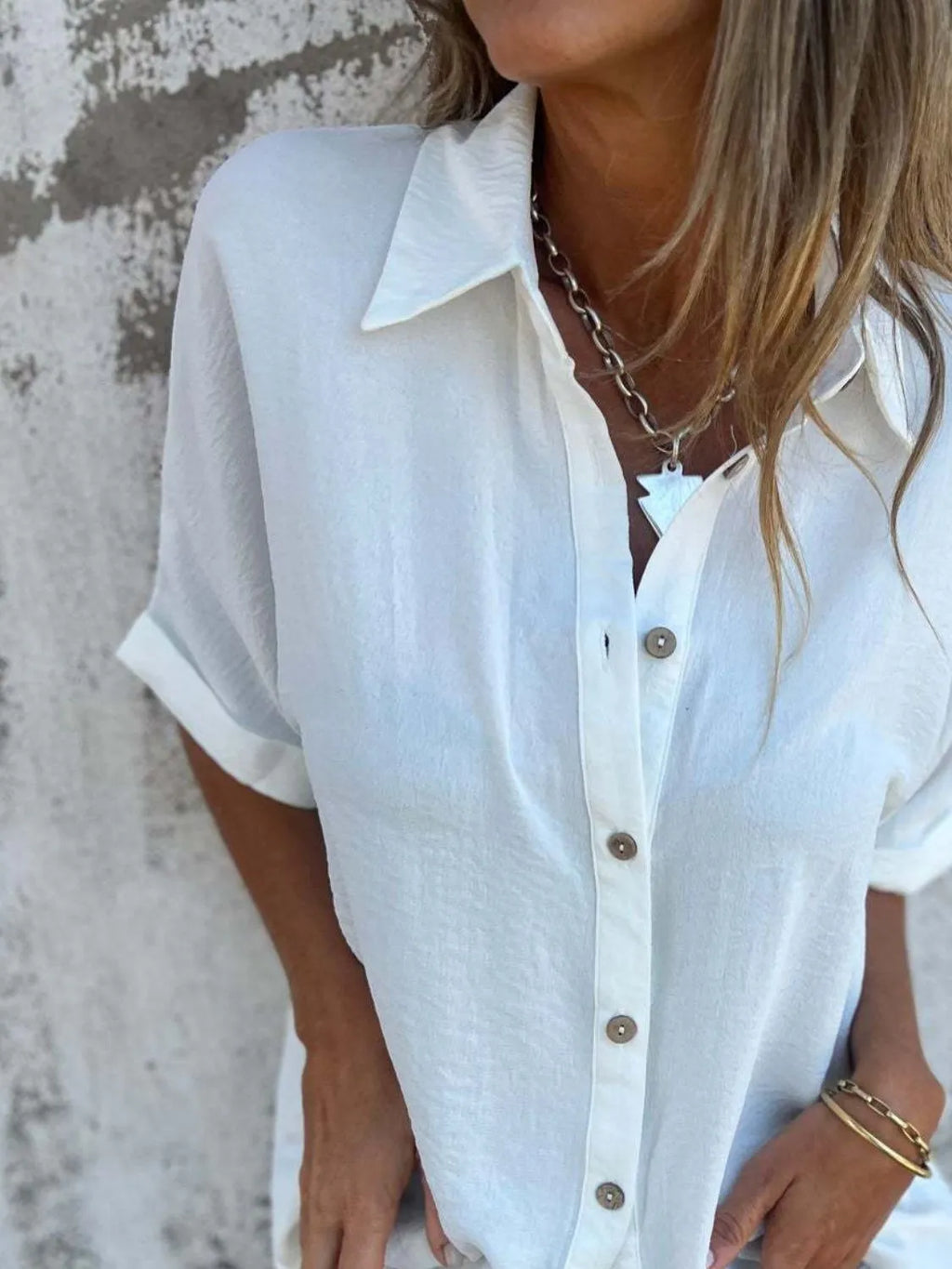 Full Size Collared Neck Half Sleeve Shirt Plus Size - Maria de Fatima Andrade