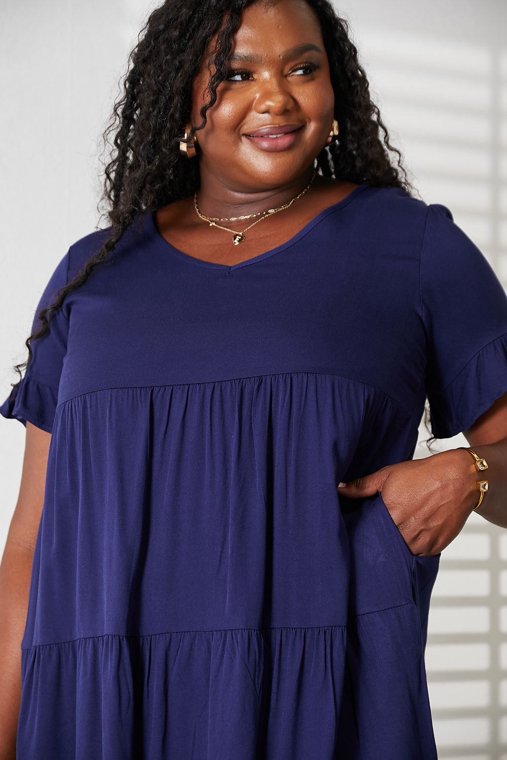 Mandy V-Neck Flounce Sleeve Tiered Dress - Maria de Fatima Andrade
