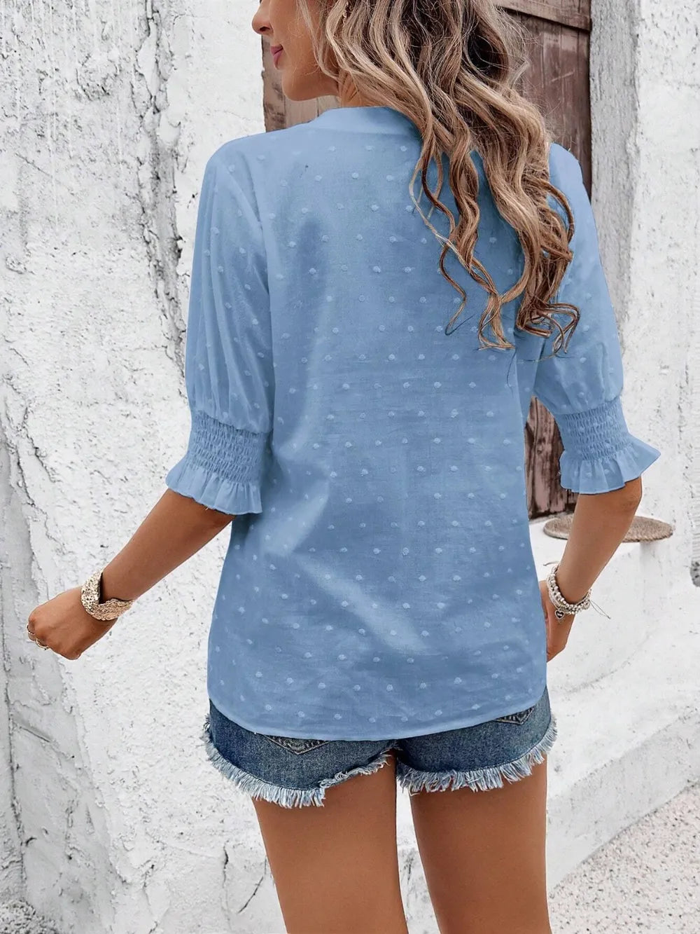 Eyelet Notched Flounce Sleeve Blouse - Maria de Fatima Andrade