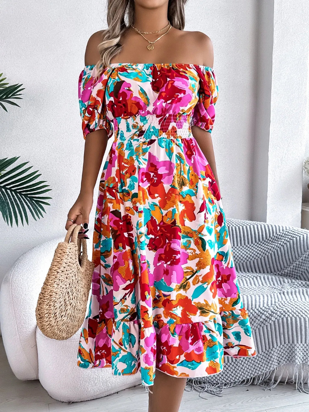 Ruffled Hem Smocked Floral Short Sleeve Midi Dress - Maria de Fatima Andrade