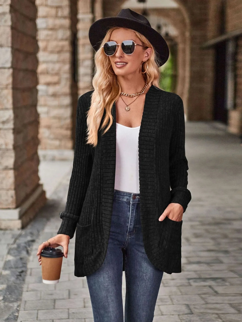 Ribbed Open Front Long Cardigan with Pockets - Maria de Fatima Andrade
