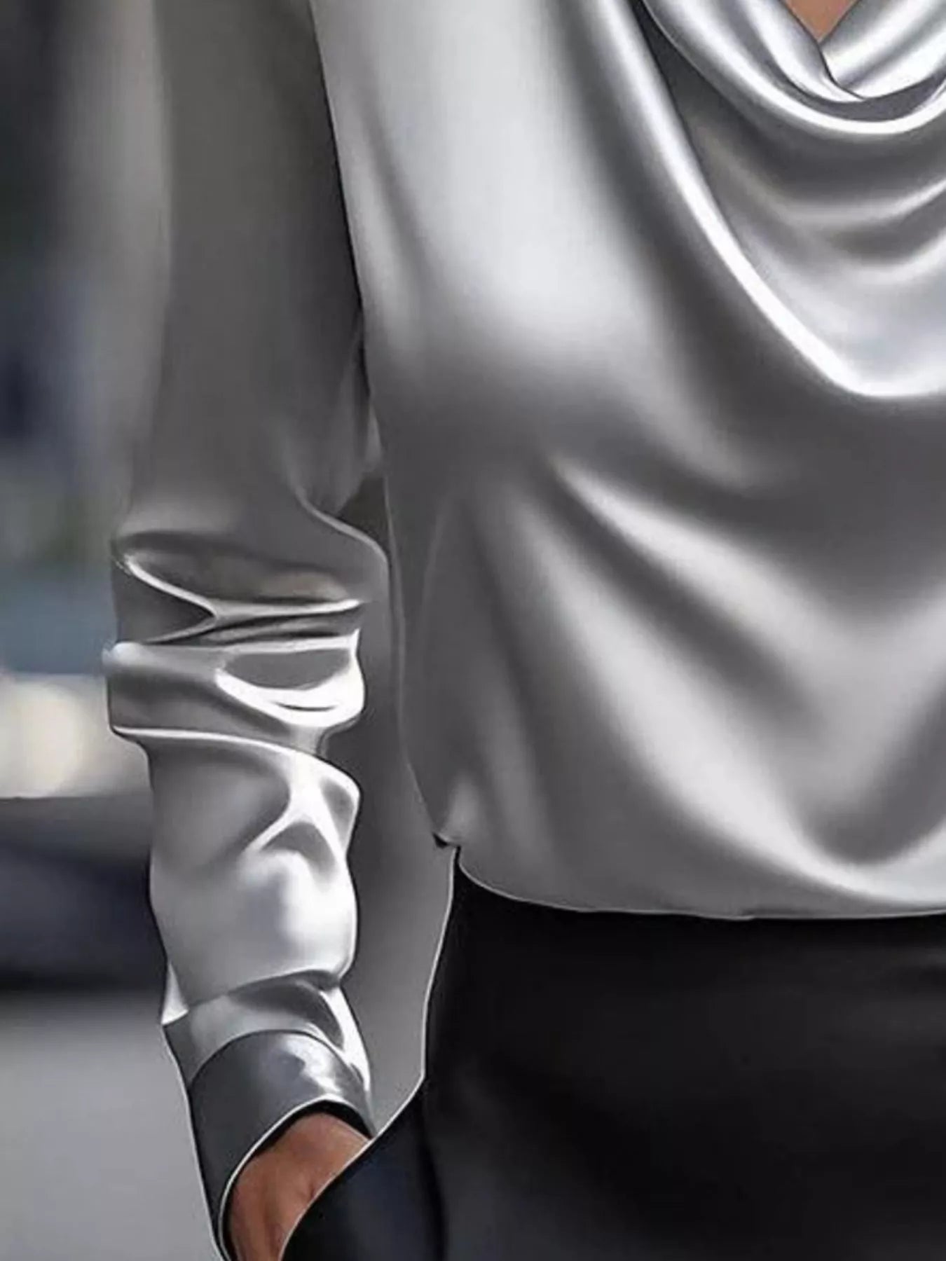 Full Size Satin Cowl Neck Long Sleeve Blouse Plus Size - Maria de Fatima Andrade