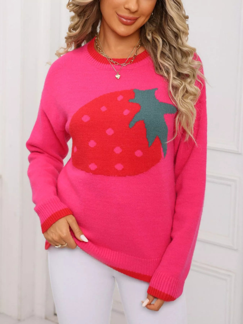 Strawberry Crew Neck Sweater - Maria de Fatima Andrade