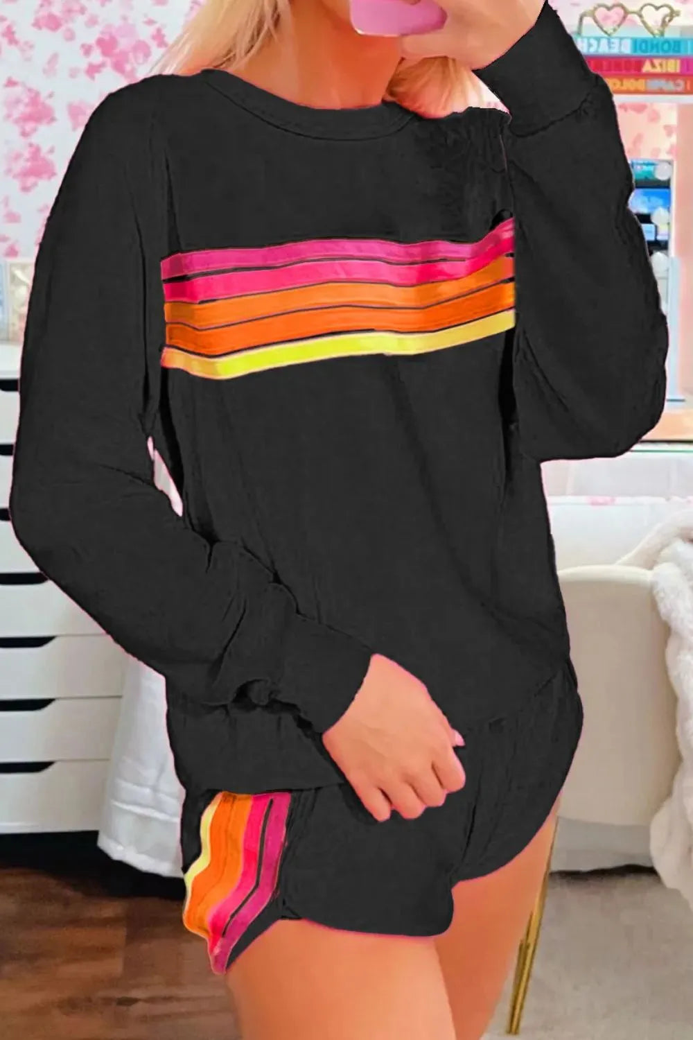 Full Size Contrast Striped Round Neck Top and Shorts Set - Maria de Fatima Andrade
