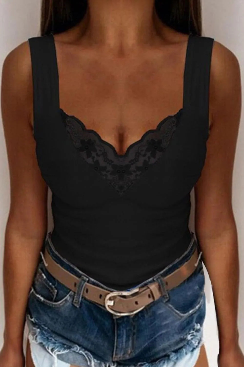 V-Neck Tank with Lace Detail - Maria de Fatima Andrade