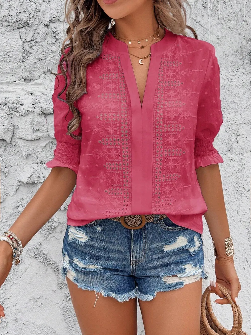 Eyelet Notched Flounce Sleeve Blouse - Maria de Fatima Andrade