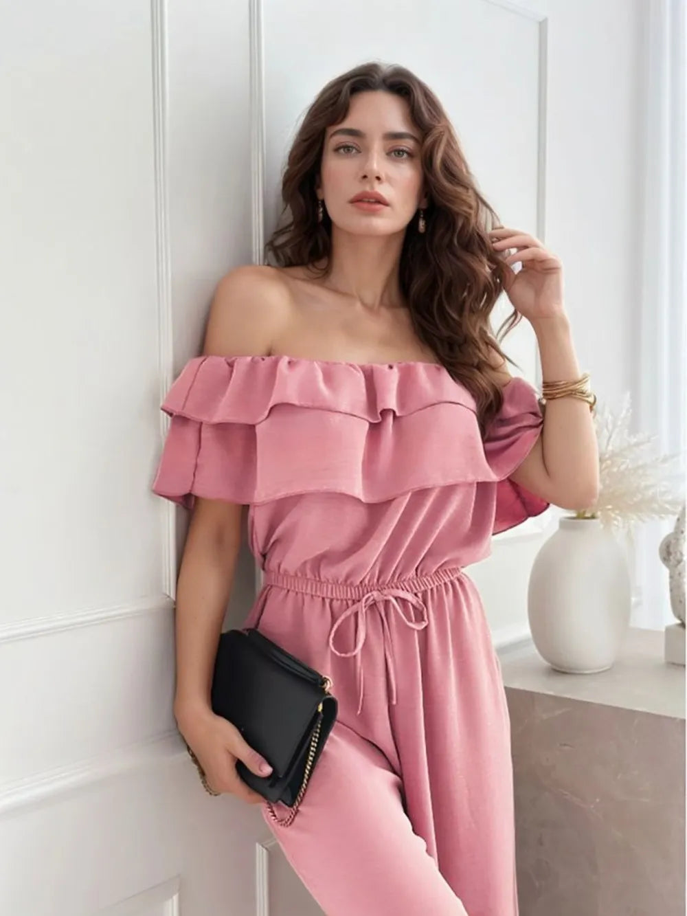Ruffled Off  Shoulder Wide Leg Jumpsuit - Maria de Fatima Andrade