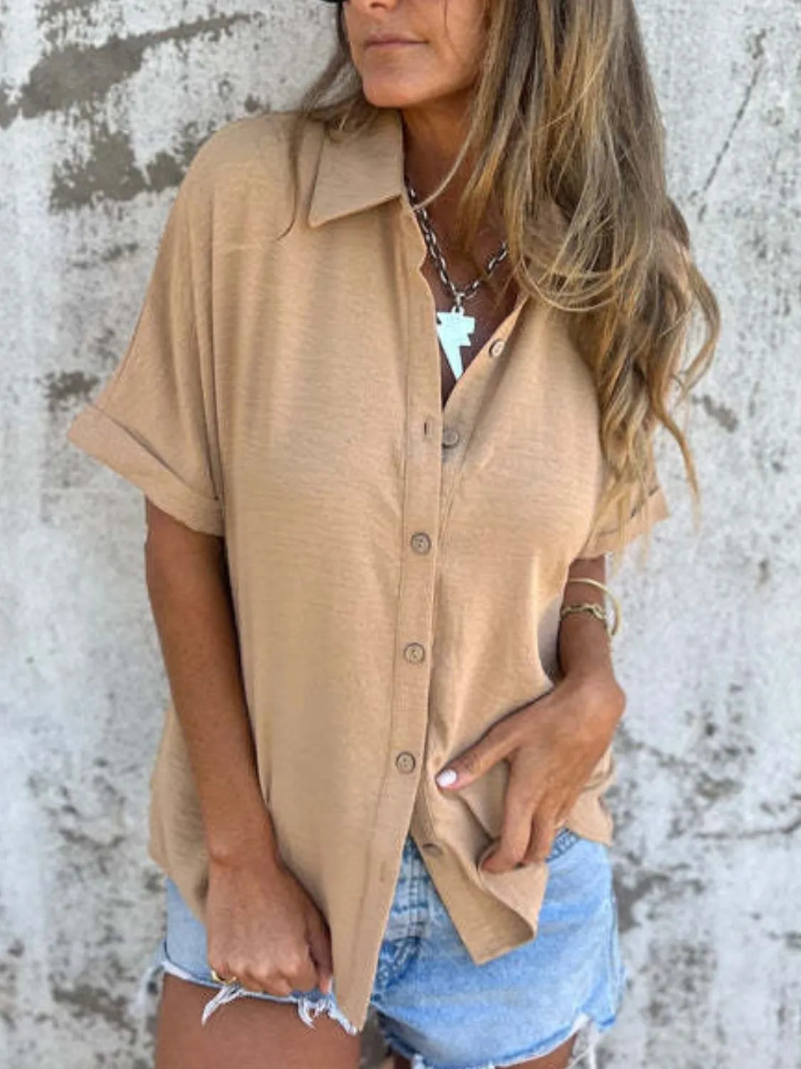 Full Size Collared Neck Half Sleeve Shirt Plus Size - Maria de Fatima Andrade