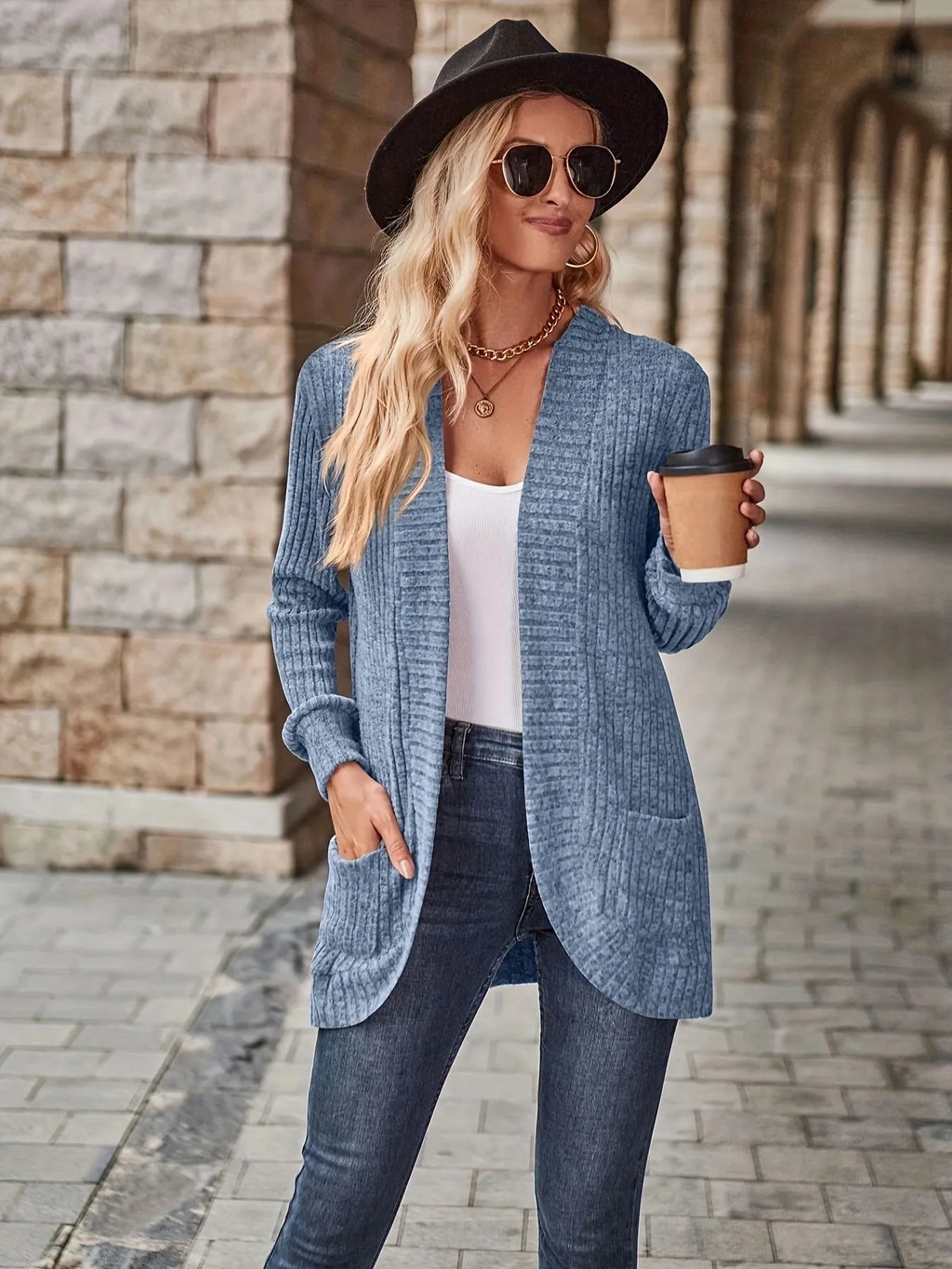 Ribbed Open Front Long Cardigan with Pockets - Maria de Fatima Andrade