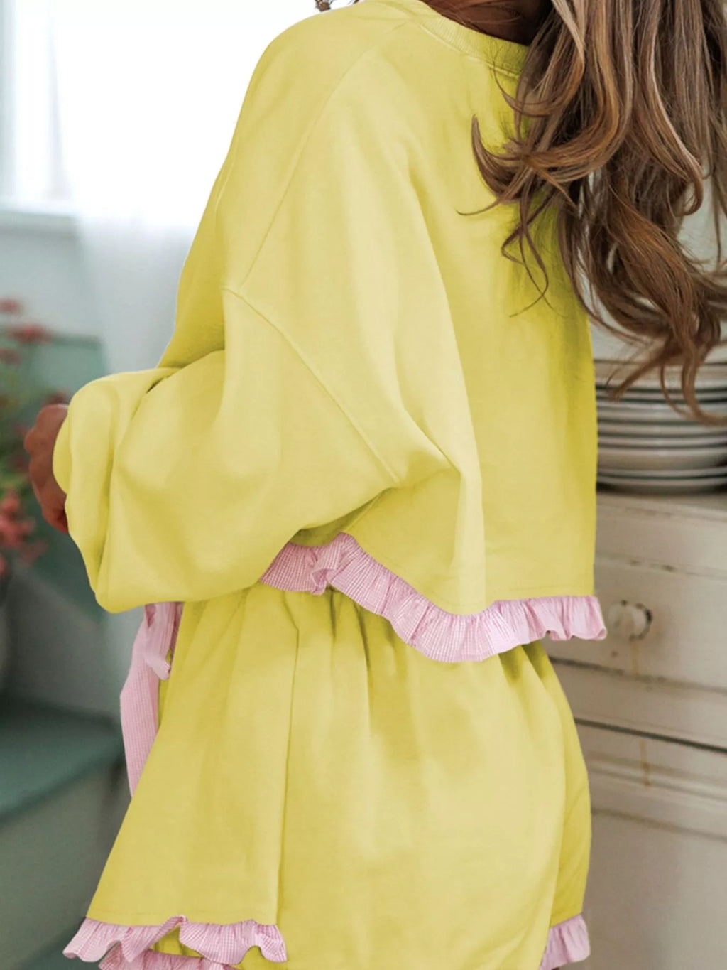 Contrast Frill Hem Round Neck Top and Shorts Set - Maria de Fatima Andrade