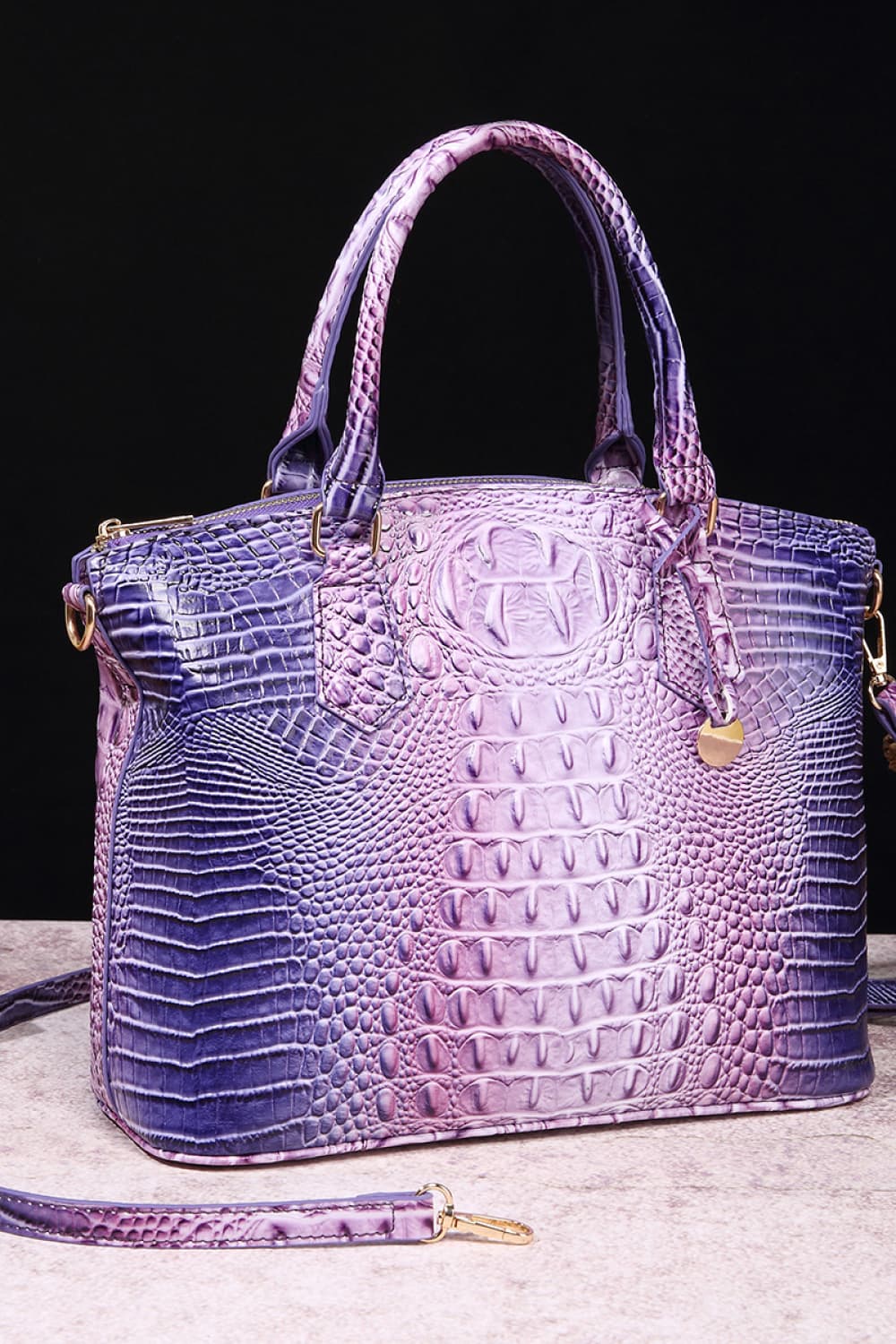 Croc-embossed PU leather handbag with dual top handles, lavender and blue gradient.