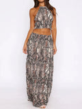 Halter Crop Backless Top and Maxi Skirt Set - Maria de Fatima Andrade