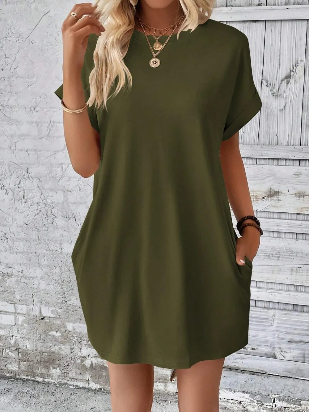 Round Neck Short Sleeve Mini Dress - Maria de Fatima Andrade