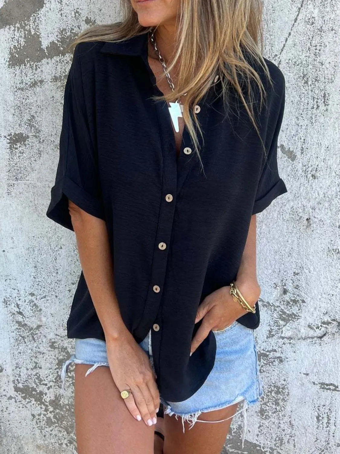 Full Size Collared Neck Half Sleeve Shirt Plus Size - Maria de Fatima Andrade