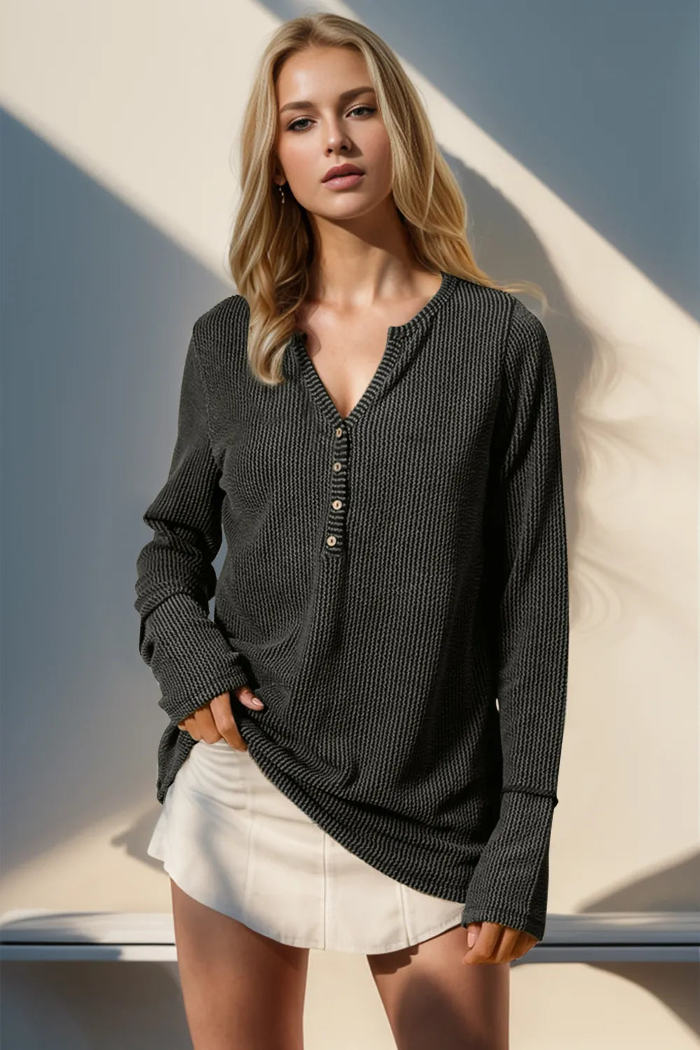 Thumbhole Long Sleeve Button Top - Maria de Fatima Andrade