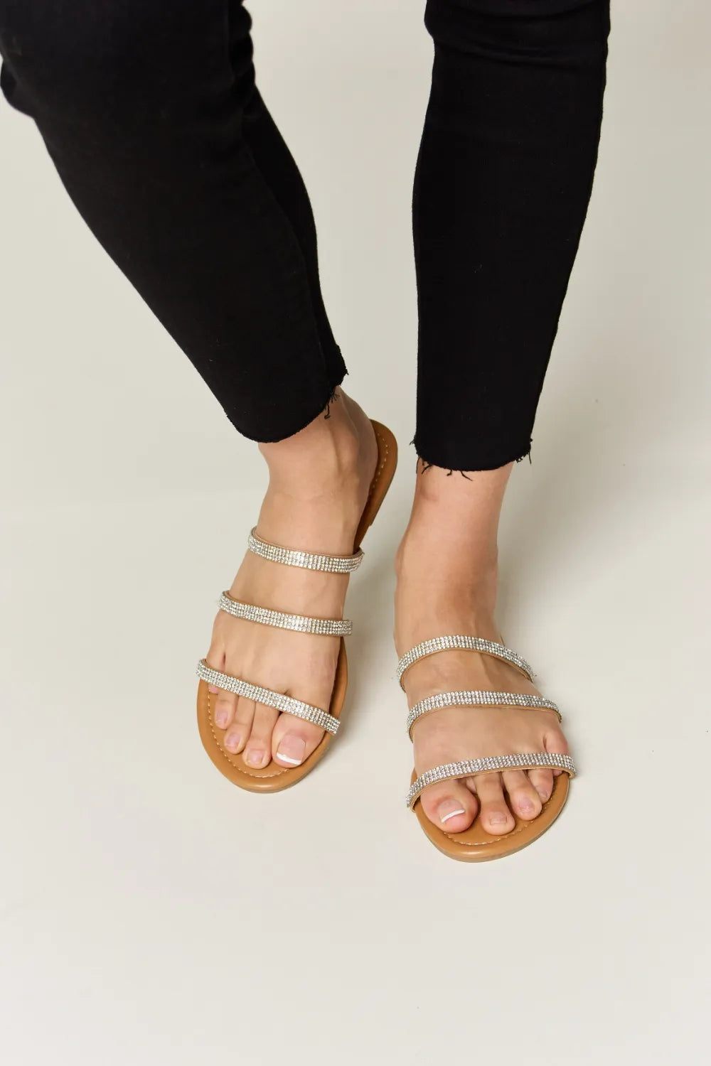 Wild Diva Rhinestone Three-Strap Flat Sandals - Maria de Fatima Andrade