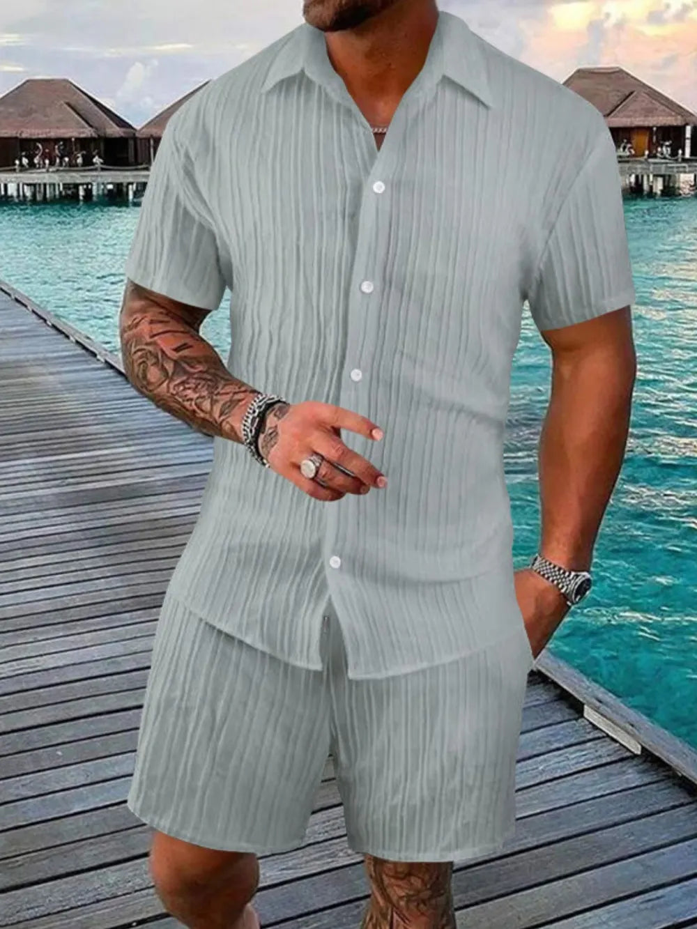 Men's Full Size Button Down Short Sleeve Shirt and Shorts Set Plus Size - Maria de Fatima Andrade
