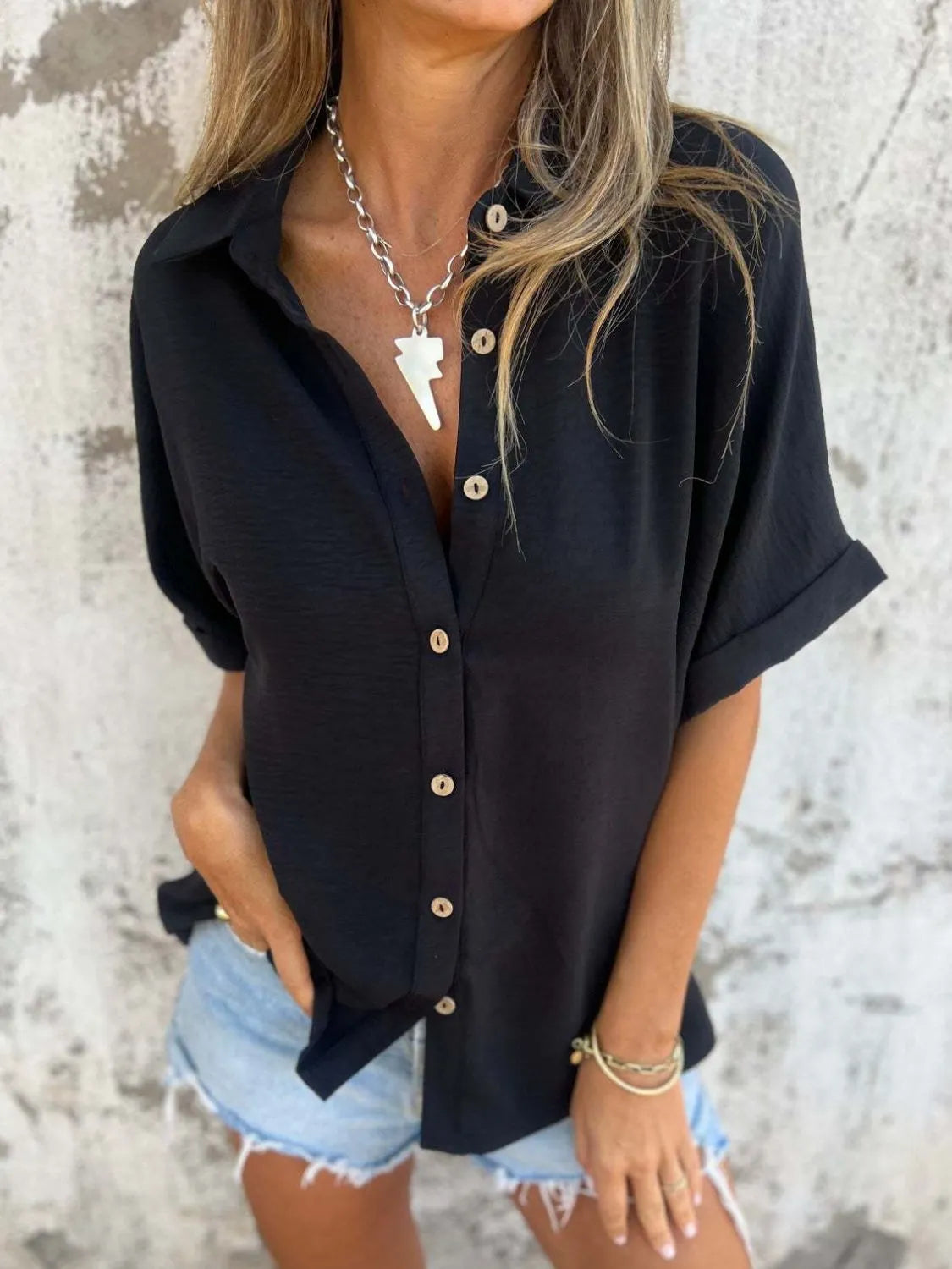 Full Size Collared Neck Half Sleeve Shirt Plus Size - Maria de Fatima Andrade