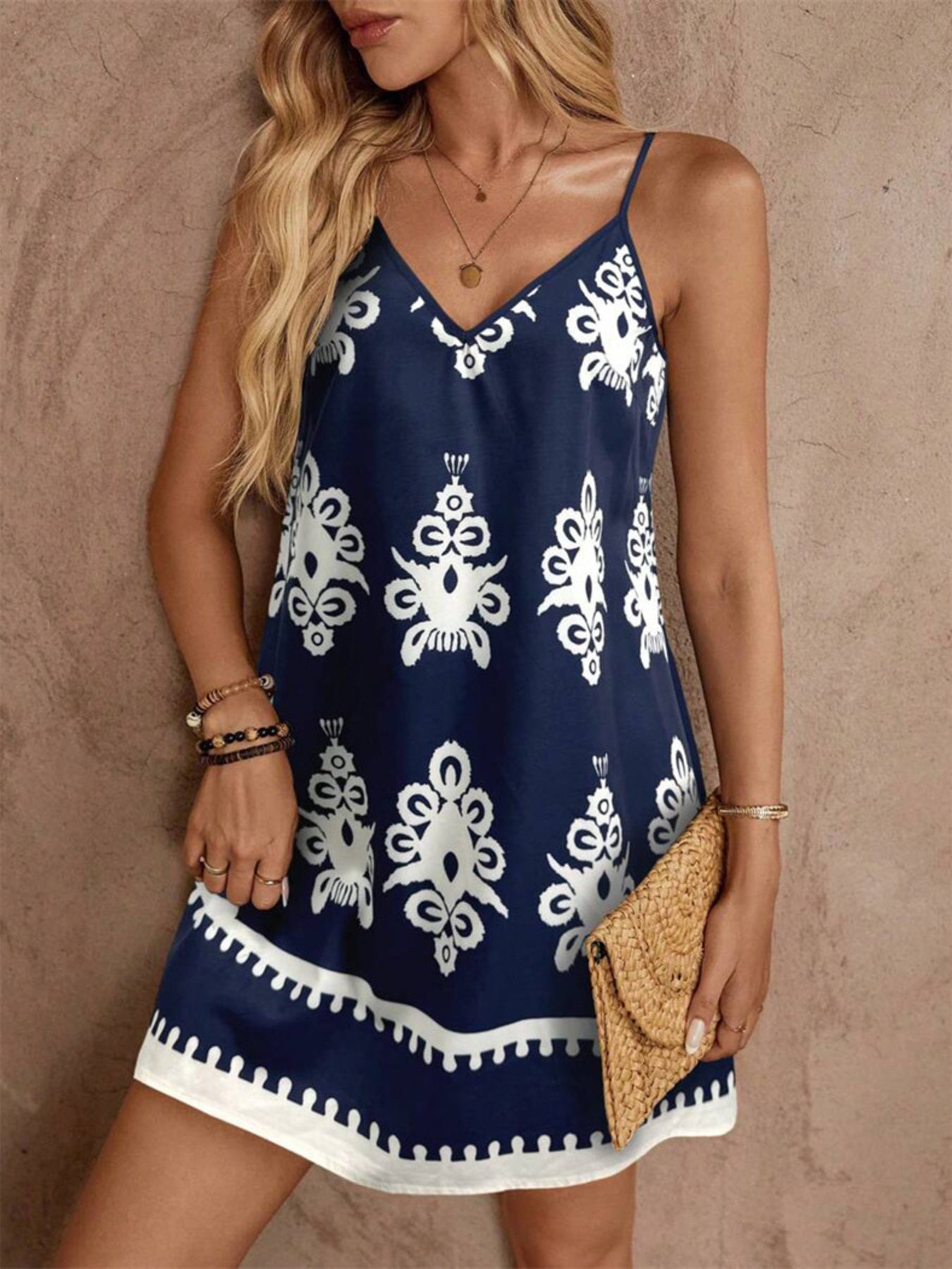 Printed V-Neck Sleeveless Mini Dress - Maria de Fatima Andrade