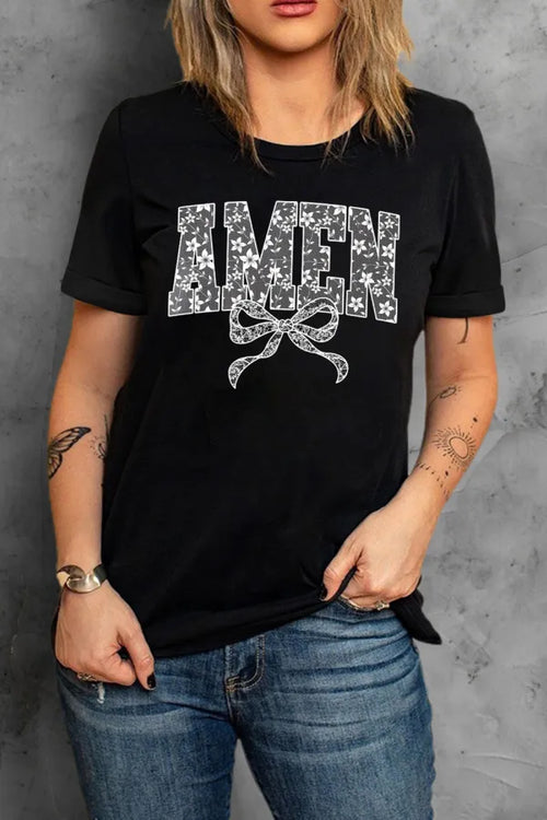 Amen Bow Round Neck Short Sleeve T-Shirt - Maria de Fatima Andrade
