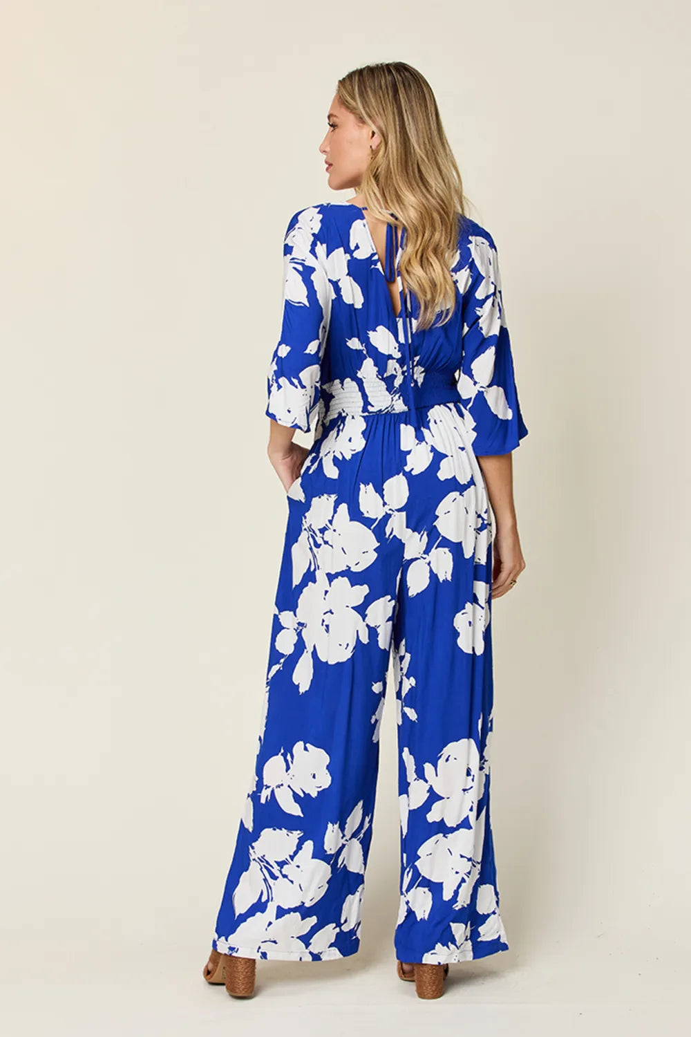 Double Take Full Size Printed Tie Back Wide Leg Jumpsuit - Maria de Fatima Andrade