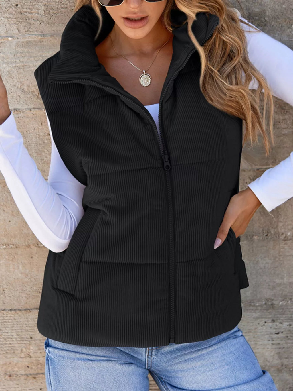 Corduroy Zip Up Vest Coat - Maria de Fatima Andrade