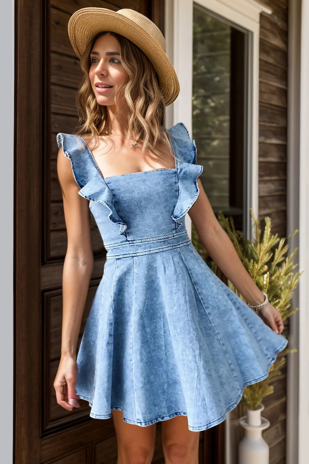Ruffled Square Neck Mini Dress - Maria de Fatima Andrade