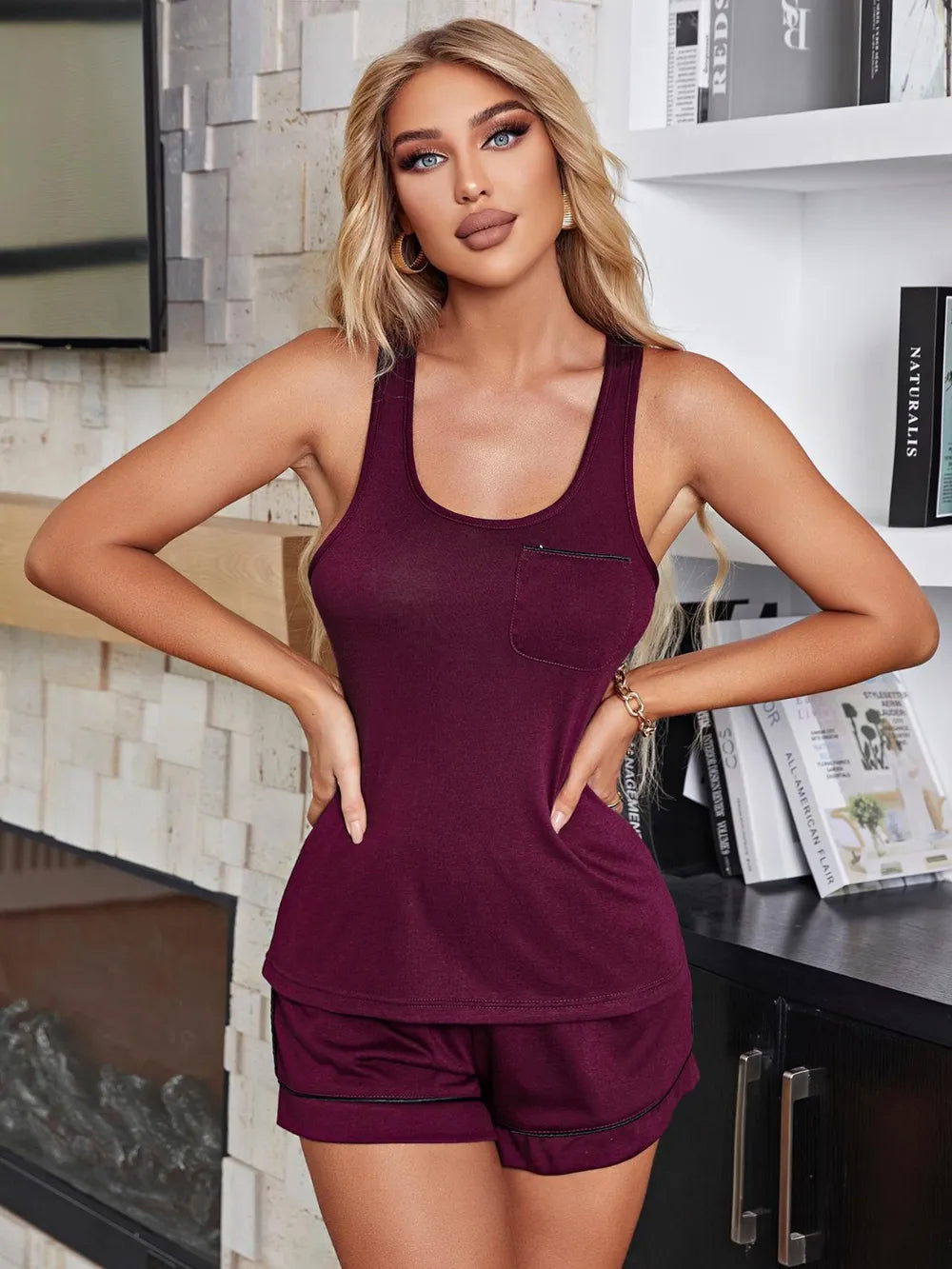 Scoop Neck Wide Strap Tank and Shorts Lounge Set - Maria de Fatima Andrade