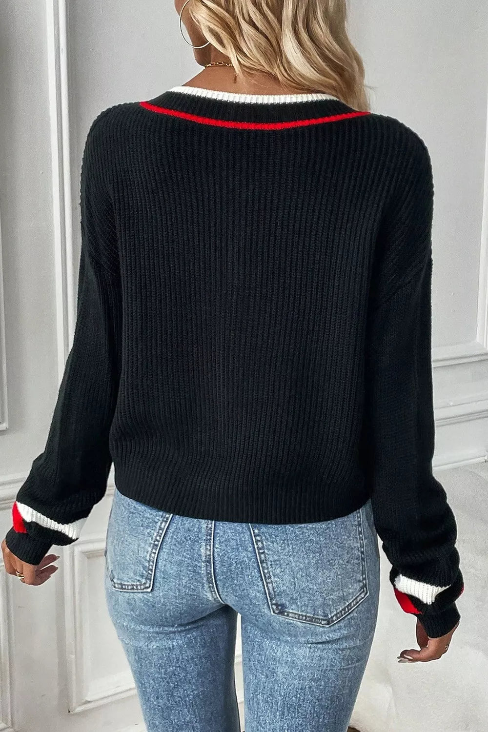 V-Neck Striped Trim Sweater - Maria de Fatima Andrade