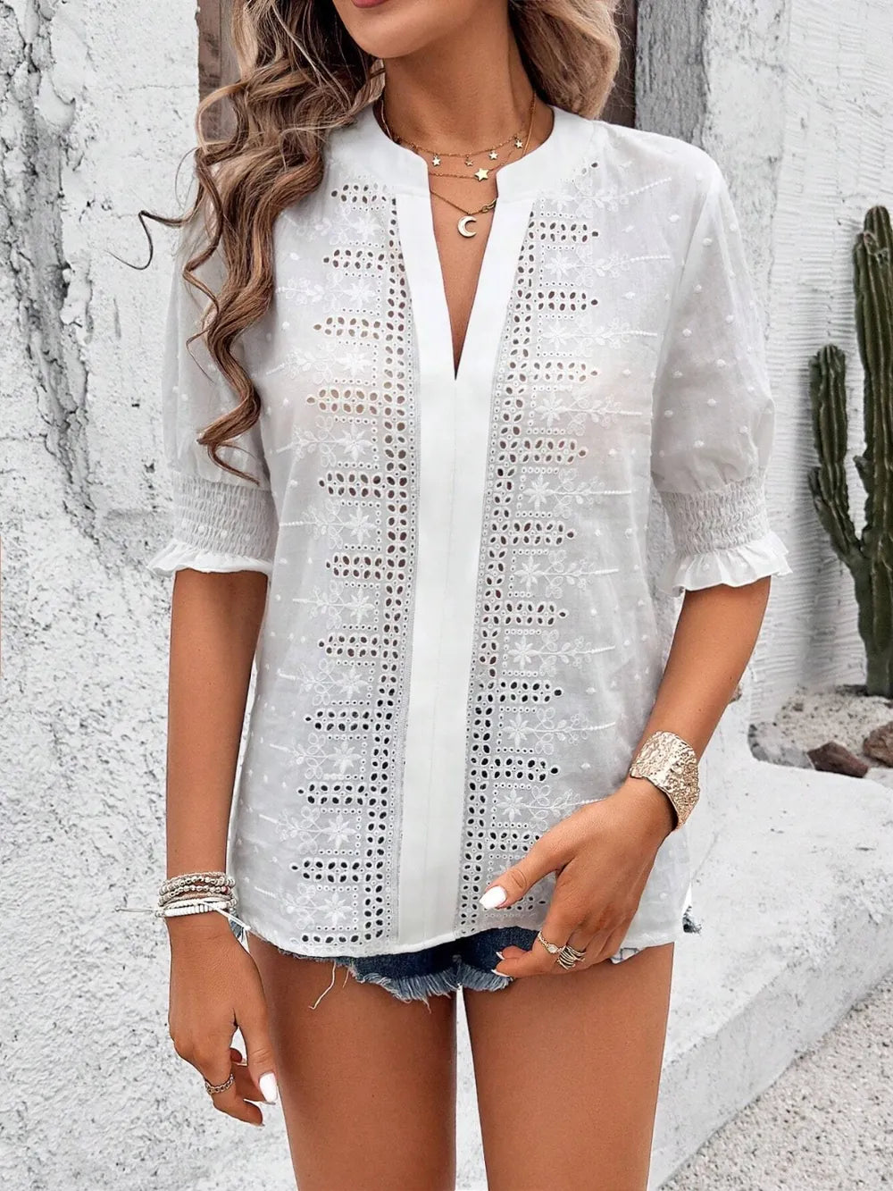 Eyelet Notched Flounce Sleeve Blouse - Maria de Fatima Andrade