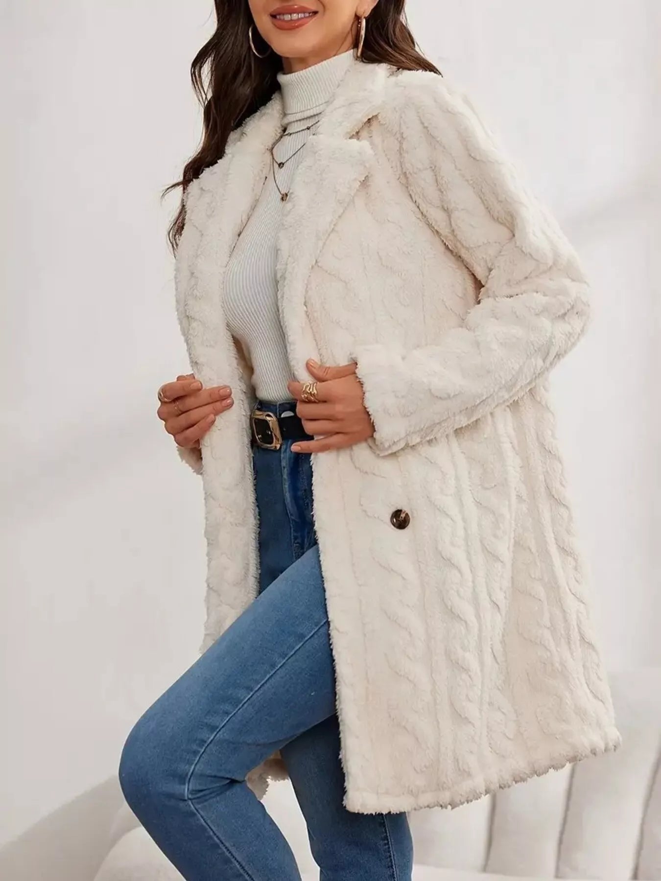 Double-Breasted Fleece Longline Coat - Maria de Fatima Andrade