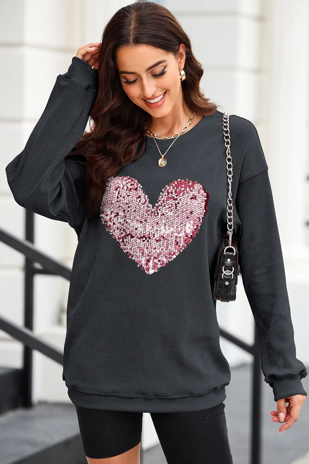 Heart Sequin Round Neck Sweatshirt - Maria de Fatima Andrade