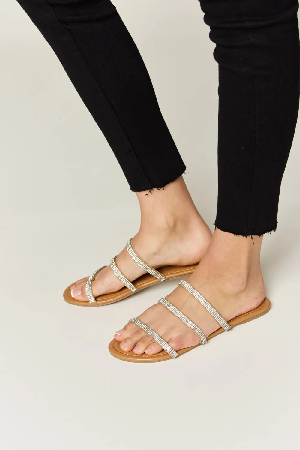 Wild Diva Rhinestone Three-Strap Flat Sandals - Maria de Fatima Andrade